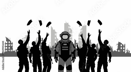 EOD Specialist Celebrated by Crowd in Ruined Cityscape