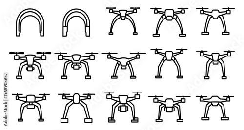 A series of drone line drawings in various positions and angles