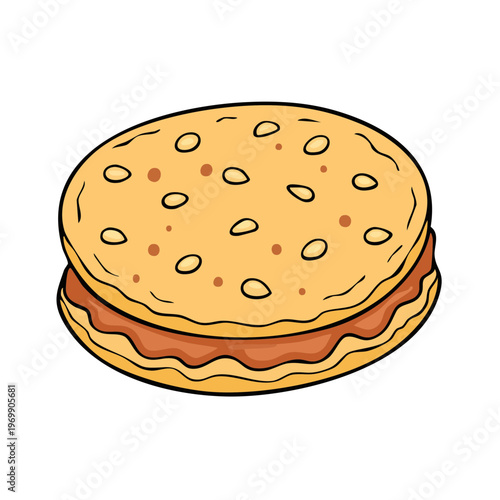Whimsical illustration of a sweet cookie sandwich with creamy filling and embedded nuts