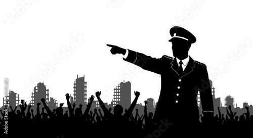 Leader Directs Crowd Against Cityscape Silhouette