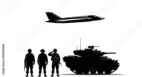 Military Forces: Soldiers, Tank, and Fighter Jet Silhouette on White Background