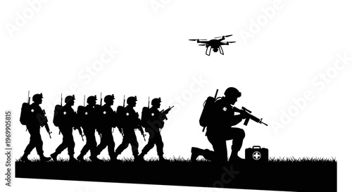 Military Drone Surveillance Over Soldiers Marching and Kneeling with Rifle