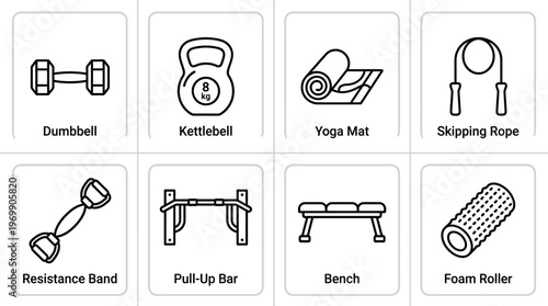 Set of eight fitness equipment icons including dumbbell, kettlebell, yoga mat, skipping rope, resistance band, pull-up bar, bench, and foam roller, symbolizing exercise, training, and workout essentia