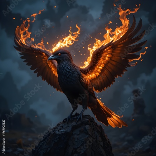 A dark-feathered bird with glowing wings made of flames mythical illustration