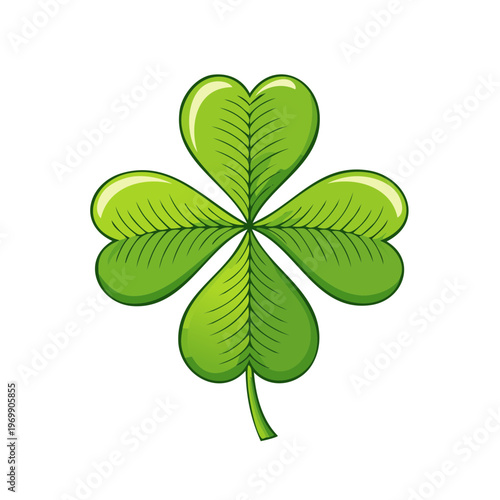 Vibrant green four-leaf clover illustration with glossy leaves and clean lines symbolizing good luck and nature