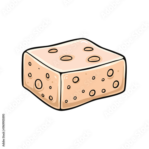 Cartoon illustration of a slice of cheese with holes in a light tan color