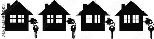 House silhouette with keys vector illustration, real estate property ownership concept, home access security design, residential building graphic art for business
