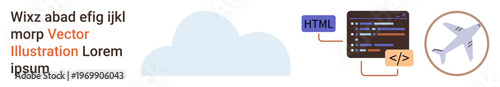 Cloud technology, web development, aviation technology, coding, data transfer, global communication. A cloud, code segments HTML tags an airplane icon. Cloud technology and web development concept