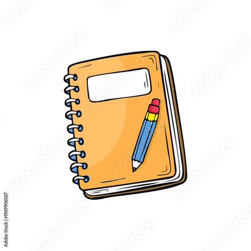 Hand-drawn orange spiral notebook with a pencil, symbolizing learning and creativity.
