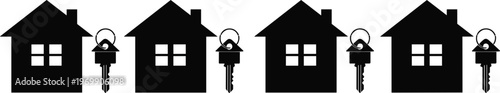 House and key icon vector illustration, real estate ownership concept, property transaction symbols, residential building silhouette design, housing graphic collection