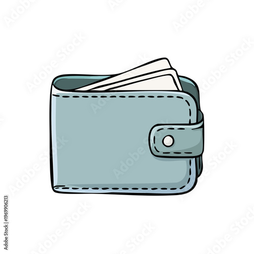 Light Blue Leather Wallet with Cards and Cash Inside Illustrated Style