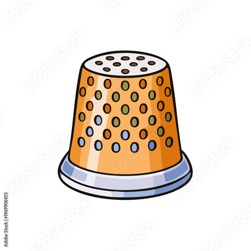 Close-up Illustration of a Vintage Orange Thimble with Dimples and Metal Base