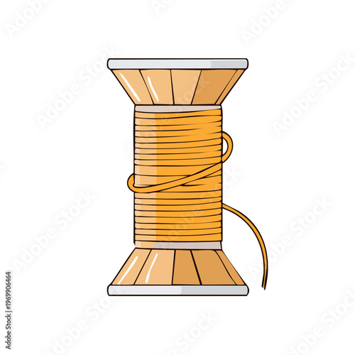 Wooden spool wound with bright orange thread with a loose end for sewing or crafting