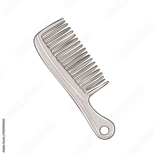 Simple illustration of a silver plastic comb with a hole in the handle on a white background