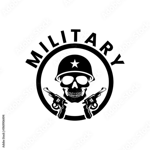 Military Skull with Guns Logo design Vector Template. Military Logo with Skull, Guns, Helmet and Star Emblem Vector