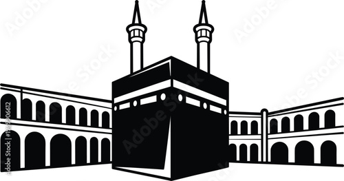 Kaaba in Mecca silhouette with mosque arches and minarets representing Islamic holy site in clean minimal black vector illustration