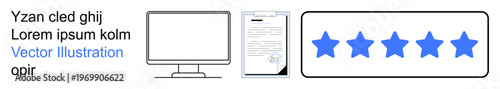 Business evaluation, online reviews, rating system, client feedback, digital communication, remote working. Computer screen, signed document five-star rating. Business evaluation and online reviews