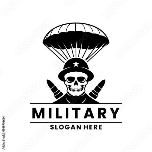 Military With Skull, Parachute, and Weapons Logo Design Vector. Military Vintage Design Template