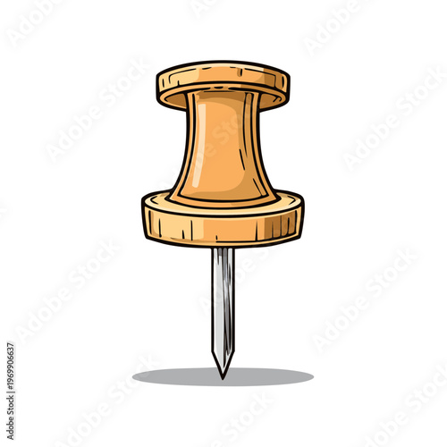 Wooden drawing pin icon with sharp metal point and shadow isolated on white background
