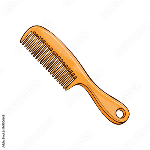 Orange plastic comb with a handle and a hole for hanging, depicted in a simple illustration style against a white background.