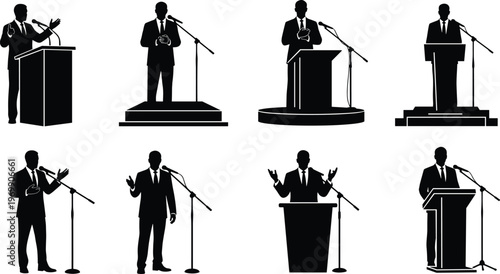 public speaker podium speech presentation leadership conference politician microphone stage communication event seminar illustration vector design concept set