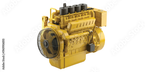 A high-quality product photograph of a large industrial diesel engine in bright yellow paint against a pure white background