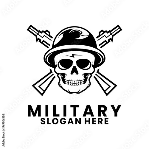 Military Skull Helmet Crossed Rifles Logo Vector Illustration. Military retro logo design icon template