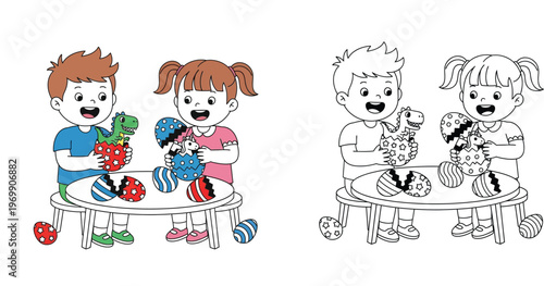 Children Opening Surprise Easter Eggs with Toys: Color and Black and White Line Art Version for Kids Coloring Book and Creative Activities