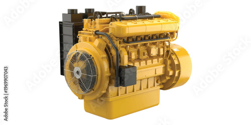 A high-quality product photograph of a large industrial diesel engine in bright yellow paint against a pure white background