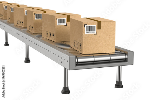 Cardboard boxes on conveyor belt on white background. Isolated 3D illustration