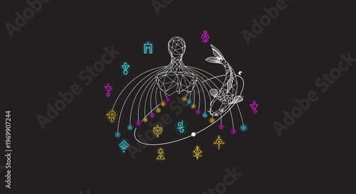 Abstract Human Body Anatomy with Mystical Symbols and Celestial Orbit
