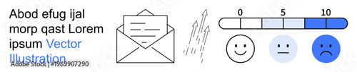Feedback, communication tools, email services, customer satisfaction, evaluation metrics, and engagement. An email icon, mood meter and happy faces in a progression scale. Feedback and email
