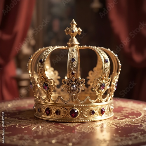 A royal gold crown decorated with gems and red velvet isolated on table with blurred curtains background
