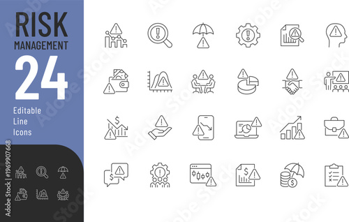 Risk Management Line Editable Icons set. Vector illustration in a modern thin line style of business related icons: analytics, monitoring, research, and more. Isolated on transparent background.