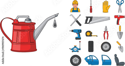 Construction tools, car parts and gardening oil can collection including drill, saw, pliers, wheel, doors and handyman equipment vector illustration