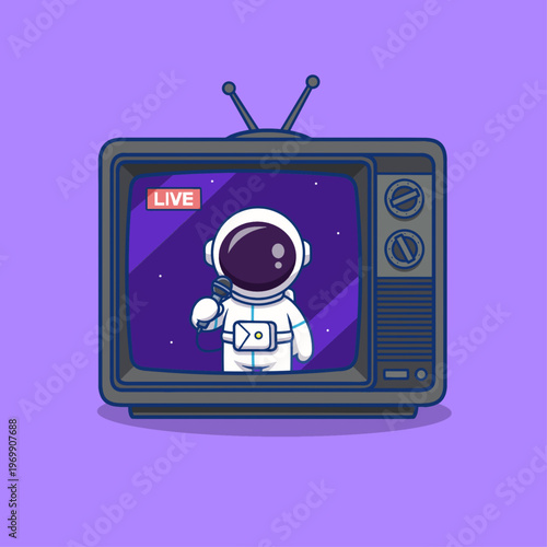 Cute astronaut mascot delivering a live broadcast from a futuristic space TV station, reporting the latest conditions and discoveries across the universe.