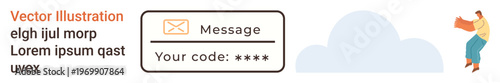 Security alerts, authentication processes, cloud services, notification systems, communication, digital verification. A secure message box with a code and a person in dynamic motion. Security alerts