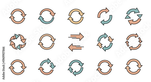 Collection of refresh and direction arrow icons in a modern flat design style