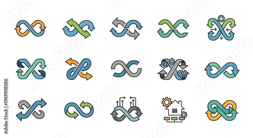 DevOps infinity loop icons set: continuous integration, workflow, and agile development symbols