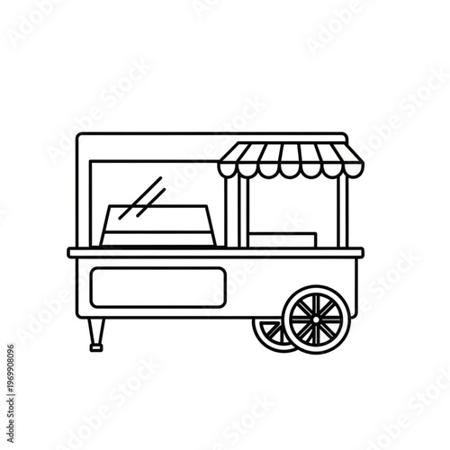 Detailed outline illustration of a classic food cart with awning and wheels.