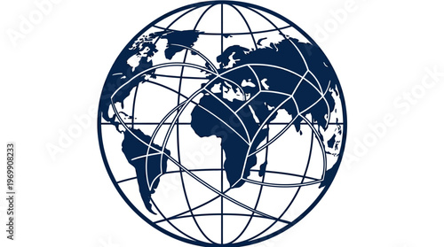 Dark blue world map globe with intricate network lines, symbolizing global connectivity, communication, and international collaboration.