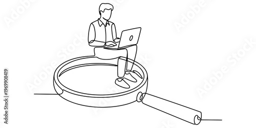 A continuous line drawing of a person sitting on a magnifying glass while working on a laptop. Vector, illustration