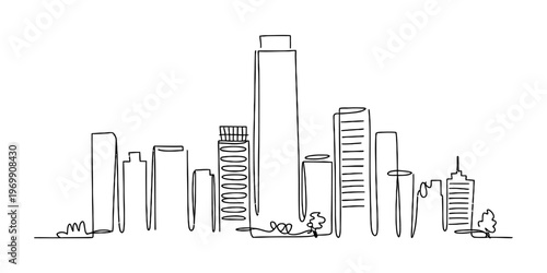 A continuous one line drawing of a city skyline featuring various skyscraper buildings in black Vector, illustration