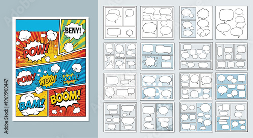 Comprehensive set of comic book layouts and speech bubbles includes various action words and templates for dynamic visual storytelling.