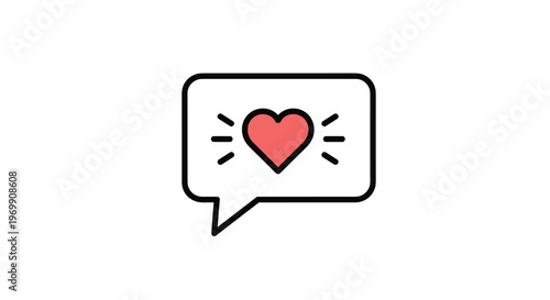 Colorful icon featuring a red heart inside a white speech bubble with radiating lines representing love social media likes or positive messages.