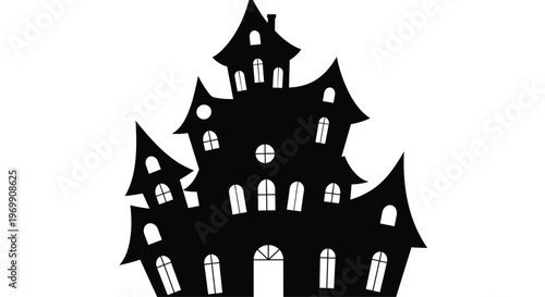 Spooky black silhouette of a large gothic haunted house with crooked towers and many windows isolated on a white background for halloween.