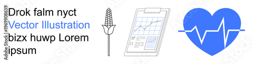 Health monitoring, agriculture trends, data analysis, farming insights, cardiovascular health, medical research. Corn on a stalk, clipboard with chart heart with an ECG line. Health monitoring
