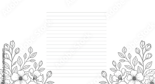 Elegant note paper design featuring lined space for writing and delicate black and white floral borders at the corners for personal messages.