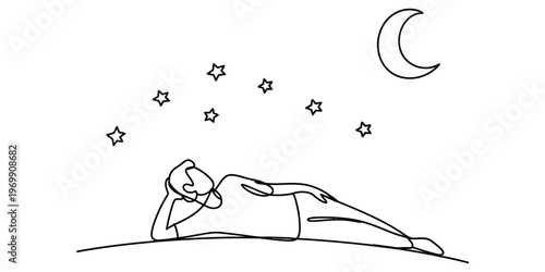 A minimalist black and white line art drawing of a person resting under the night sky and stars Vector, illustration