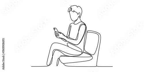A continuous line drawing of a person sitting on a chair and using a mobile phone device intently Vector, illustration